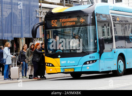 Copenhagen, Denmark - September 4, 2019: A Copenhagen public transportation bus in service on line 5C with destination Copenhagen airport has called a Stock Photo