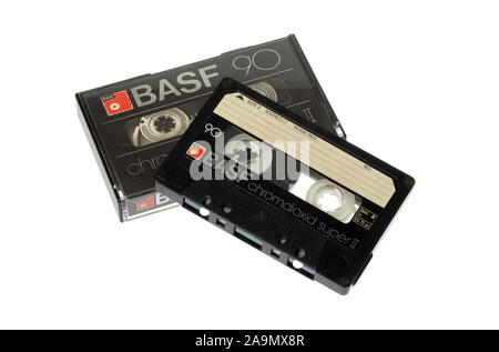 Stockholm, Sweden - November 12, 2019: One BASF chromdioxid audio compact cassette tape with its box from the 1980s era isolated on white background. Stock Photo