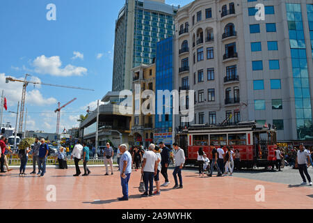 Istanbul,Turkey-September 8th 2019. Tourists wait to board the famous Nostalgic Tram in Taksim Square which runs from Taksim Square to Tunel Stock Photo