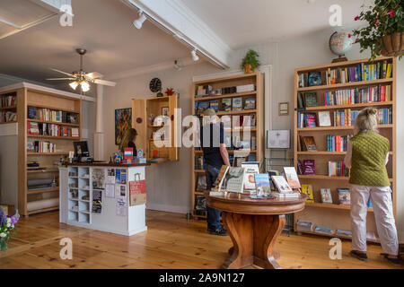 People shopping at independent bookstore in small town, Castine, Maine, New England, USA Stock Photo