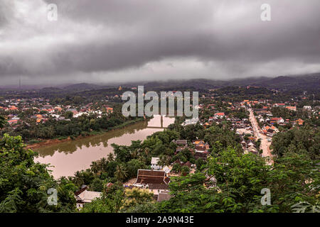 An aerial shot of the picturesque World Heritage Listed town of Luang Prabang in Laos on the banks of the mighty Mekong River Stock Photo