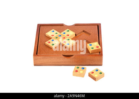 Wooden puzzle mosaic isolated on a white background. The puzzle from the category edge matching puzzles. Puzzle concept. Copy space. Stock Photo