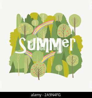 Summer forest with rainbow on white background Stock Vector