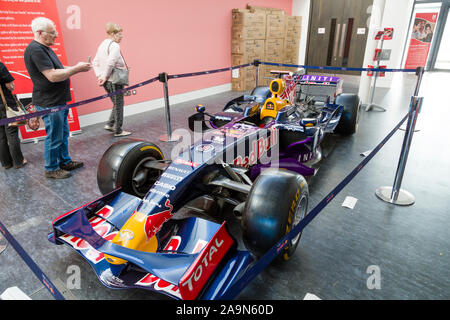 MILTON KEYNES, UK - September 19, 2019. Aston Martin Red Bull Formula 1 car displayed at Milton Keynes Museum. The car is a replica based on RB4, on l Stock Photo