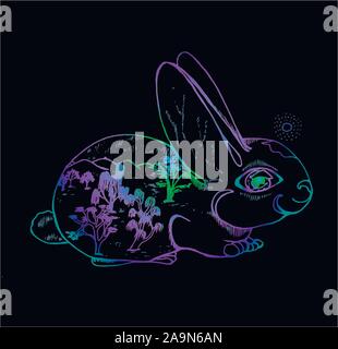 Neon picture of hare with a large eye. Trees, mountains, entire world in him. Stock Vector