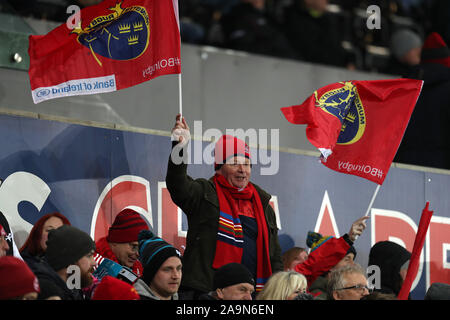 Swansea, UK. 16th Nov, 2019. A Munster rugby fan. Heineken champions cup match, pool 4, Ospreys v Munster rugby at the Liberty Stadium in Swansea, South Wales on Saturday 16th November 2019. pic by Andrew Orchard/ Credit: Andrew Orchard sports photography/Alamy Live News Stock Photo