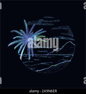 Color picture of palm, mountains, clouds in a circle in style of dotwork. Stock Vector