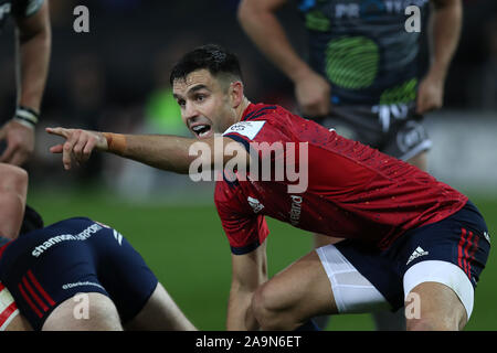 Swansea, UK. 16th Nov, 2019. Conor Murray of Munster Rugby in action. Heineken champions cup match, pool 4, Ospreys v Munster rugby at the Liberty Stadium in Swansea, South Wales on Saturday 16th November 2019. pic by Andrew Orchard/ Credit: Andrew Orchard sports photography/Alamy Live News Stock Photo