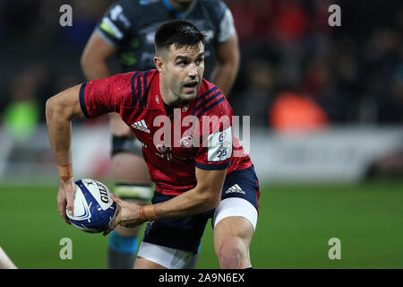 Swansea, UK. 16th Nov, 2019. Conor Murray of Munster Rugby in action.Heineken champions cup match, pool 4, Ospreys v Munster rugby at the Liberty Stadium in Swansea, South Wales on Saturday 16th November 2019. pic by Andrew Orchard/ Credit: Andrew Orchard sports photography/Alamy Live News Stock Photo