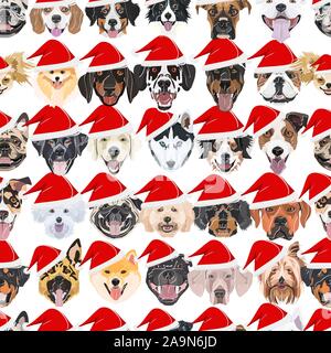 Illustration Dogs Seamless Pattern Merry Christmas - This cheerful dog is properly contemplative by his Santa hat. A Christmas theme for dog owners. Stock Vector