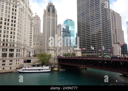 Riverwalk next to DuSable bridge in Chicago, IL Stock Photo