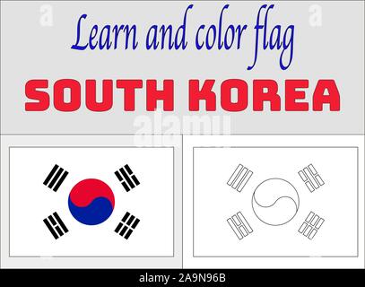 South Korea National flag Coloring Book pages for Education and learning. original colors, proportion. vector illustration, countries set. Stock Vector