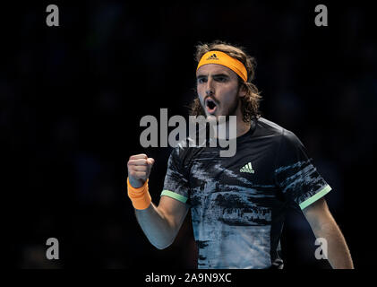 London, UK. 16th Nov, 2019. Stefanos Tsitsipas of Greece celebrates during the singles semifinal against Roger Federer of Switzerland at the ATP World Tour Finals 2019 in London, Britain on Nov. 16, 2019. Credit: Han Yan/Xinhua/Alamy Live News Stock Photo
