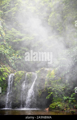 Majestic waterfall in lush foggy green forest at Nature Reserve Parque Natural da Ribeira dos Caldeiroes at Achada, Nordeste, Sao Miguel, Azores, Port Stock Photo