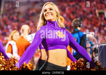A Clemson Tigers cheerleader during the NCAA college football game between Wake Forest and Clemson on Saturday November 16, 2019 at Memorial Stadium in Clemson, SC. Jacob Kupferman/CSM Stock Photo