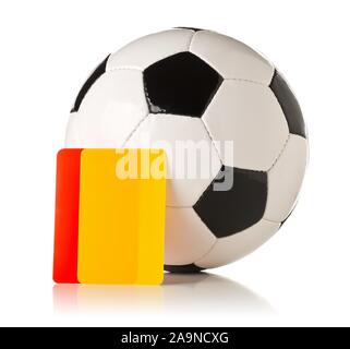 Soccer sports referee yellow and red cards with soccer ball on white background - penalty, foul or sports concept Stock Photo