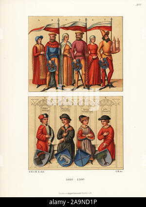 German fashion of the late 15th century. Knights of the Kevernburg with their wives, holding armorial shields and pennants, Arnstadt A-F. Four wealthy burghers, Erhart Moringer, Erasmus Wielant, Georg Hanenkampel, Peter Paumfeld, in traditional costume from a privilege book in Ingolstadt, G-K. Chromolithograph from Hefner-Alteneck's Costumes, Artworks and Appliances from the Middle Ages to the 17th Century, Frankfurt, 1889. Illustration by Dr. Jakob Heinrich von Hefner-Alteneck, lithographed by C. Regnier. Dr. Hefner-Alteneck (1811 - 1903) was a German museum curator, archaeologist, art histor Stock Photo