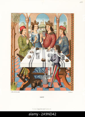 A German royal couple wearing crowns sits at a table laid with bread, knife and cups, 1492. A noble boy in mi-parti hose plays a game. From an embroidered carpet in Nuremberg Museum. Chromolithograph from Hefner-Alteneck's Costumes, Artworks and Appliances from the Middle Ages to the 17th Century, Frankfurt, 1889. Illustration by Dr. Jakob Heinrich von Hefner-Alteneck, lithographed by C. Regnier. Dr. Hefner-Alteneck (1811 - 1903) was a German museum curator, archaeologist, art historian, illustrator and etcher. Stock Photo