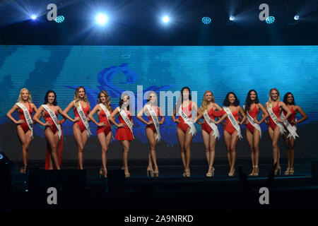 Kota Kinabalu. 17th Nov, 2019. Miss Scuba International 2019 winner  Michaela Shuttleworth (C) of Australia, first runner-up Anavaliza Atmadja  (R) of Indonesia, and second runner-up Flordeliz Mabao of the Philippines  pose for