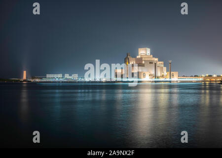 DOHA, QATAR - MAY 11: The Museum of Islamic Art (MIA) at night on May 11, 2019. in Doha, Qatar, Middle East. The museum was designed by the world famo