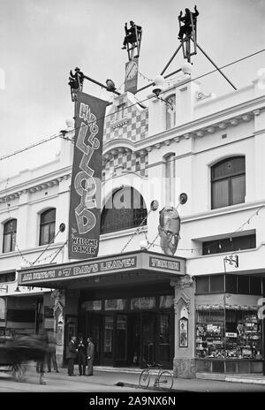 Front of the New Strand Theatre, Liverpool Street, Hobart - advertsing Harold Lloyd in Welcome Danger and All British - 7 Days Leave (1930) - Mandatory Photo Credit: TAHO Stock Photo