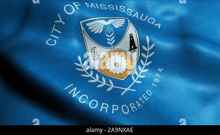 3D Waving Canada City Flag of Mississauga Closeup View Stock Photo