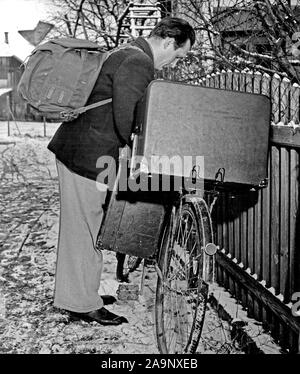 Original caption: 'Sweeney Steps Out.' Sweeney is the star of one of the many instructive and entertaining movie shorts the Linz, Upper Austria American House lends to volunteer operators who display them at rural schools and social centers. Stock Photo