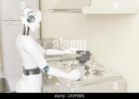 3d rendering ai cooking robot artificial intelligence to cook food in futuristic concept Stock Photo