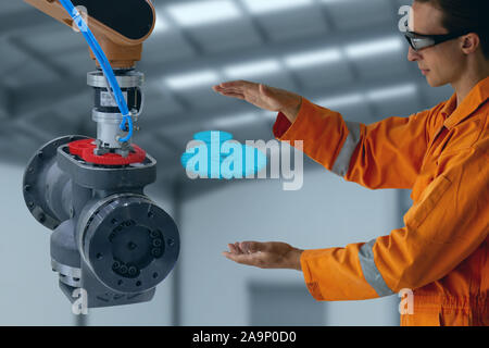 iot smart technology futuristic in industry 4.0 concept, engineer use augmented mixed virtual reality to education and training, repairs and maintenan Stock Photo