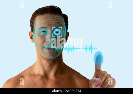 biometrics concept, the identity person use artificial intelligence, machine learning, deep learning with facial recognition, iris scanning, fingerpri Stock Photo