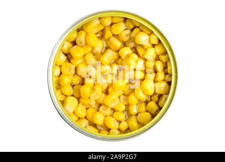 Canned sweet corn top view isolated Stock Photo