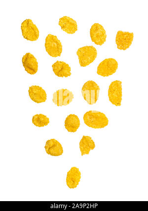 Many corn flakes isolated on white background. Falling cornflakes Stock Photo