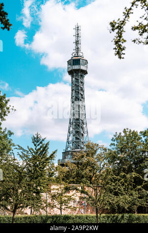 Petrin Tower In Prague, Czech Republic, Summer Blue Sky Stock Photo