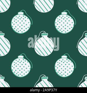 Seamless pattern with hand drawn doodle illustration of Christmas tree ornaments. New Year and Christmas tree vector decoration on dark green backgrou Stock Vector