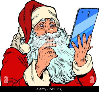 Santa Claus and a big smartphone. Electronic Christmas sales and orders in online stores Stock Vector