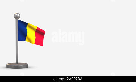 Chad 3D waving flag illustration on a tiny metal flagpole. Isolated on white background with space on the right side. Stock Photo