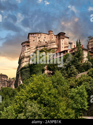 Medieval Meteora  Monastery of Roussanou on top of a rock pillar in the Meteora Mountains, Thessaly, Greece Stock Photo