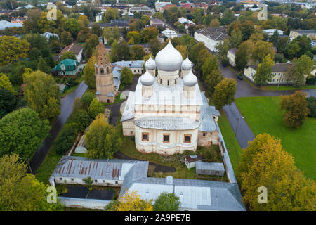 Znamensky Cathedral in the cityscape on a September morning (aerial photography). Veliky Novgorod, Russia