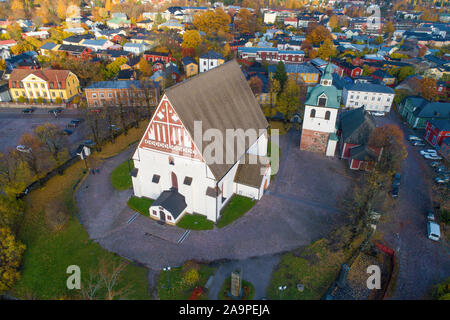 Top view of the old Lutheran Cathedral in October afternoon (aerial photography). Porvoo, Finland Stock Photo