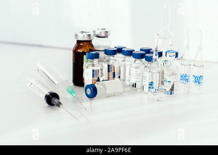 Medicine bottles, ampules, on white background with copy space for text, treatment medication concept closeup Stock Photo