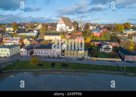 Medieval Lutheran Cathedral in the cityscape on a sunny October day (aerial photography). Porvoo, Finland Stock Photo