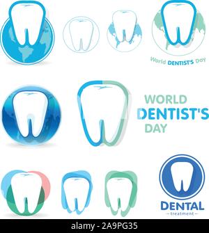 Tartar. Tooth. Inflammation of the gums logos collection. Dental clinic. World dentist day symbol. Stock Vector