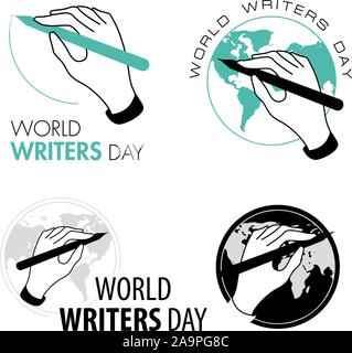 Vector hands illustration. Isolated art logo. White and black. Art studio. Writer business sign. World writer s and artist s day. Stock Vector