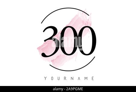 Number 300 Watercolor Stroke Logo with Circular Shape and Pastel Pink Brush Vector Design Stock Vector