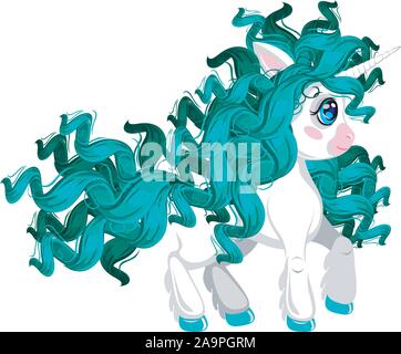 Unicorn pony. Cute cartoon style. Curly green mane and tail. Character for side scrolling, action, adventure, and endless runner game. Isolated on whi Stock Vector