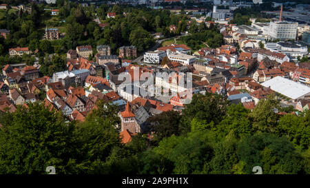 Kulmbach 2019. Aerial view of the city. The historic center, the surrounding hills and the factories behind the houses are evident. August 2019 in Kul Stock Photo