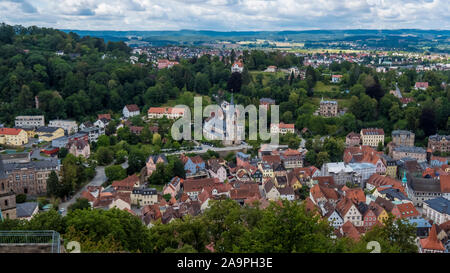 Kulmbach 2019. Aerial view of the city. The historical center is evident, the hills around. August 2019 in Kulmbach. Stock Photo