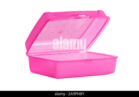 Insulated lunch box. An open, plastic, pink lunch box. Stock Photo