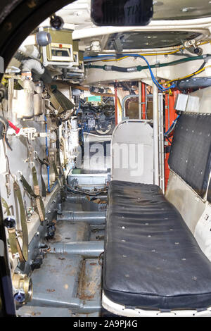 A view in to the back passenger compartment of a BMC-1 APC Soviet amphibious Armoured Personnel Carrier tracked fighting vehicle at Cosford air museum Stock Photo