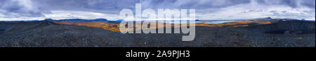 360 degree panoramic view from top of Hverfjall volcanic crater on cloudy autumn day in Icelandwith lake Myvatn at background Stock Photo